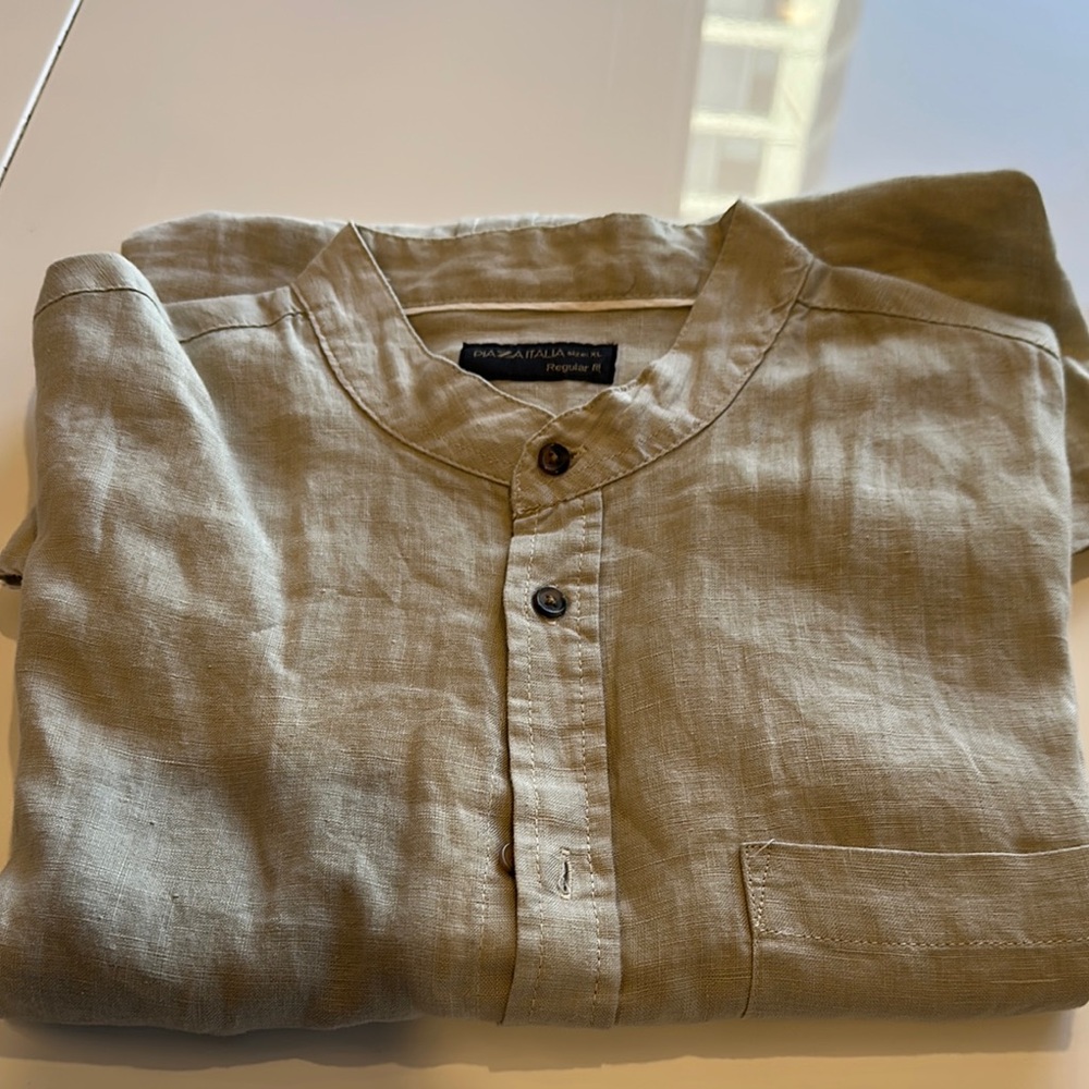Linen Olive Green Button-Up Shirt Short Sleeve